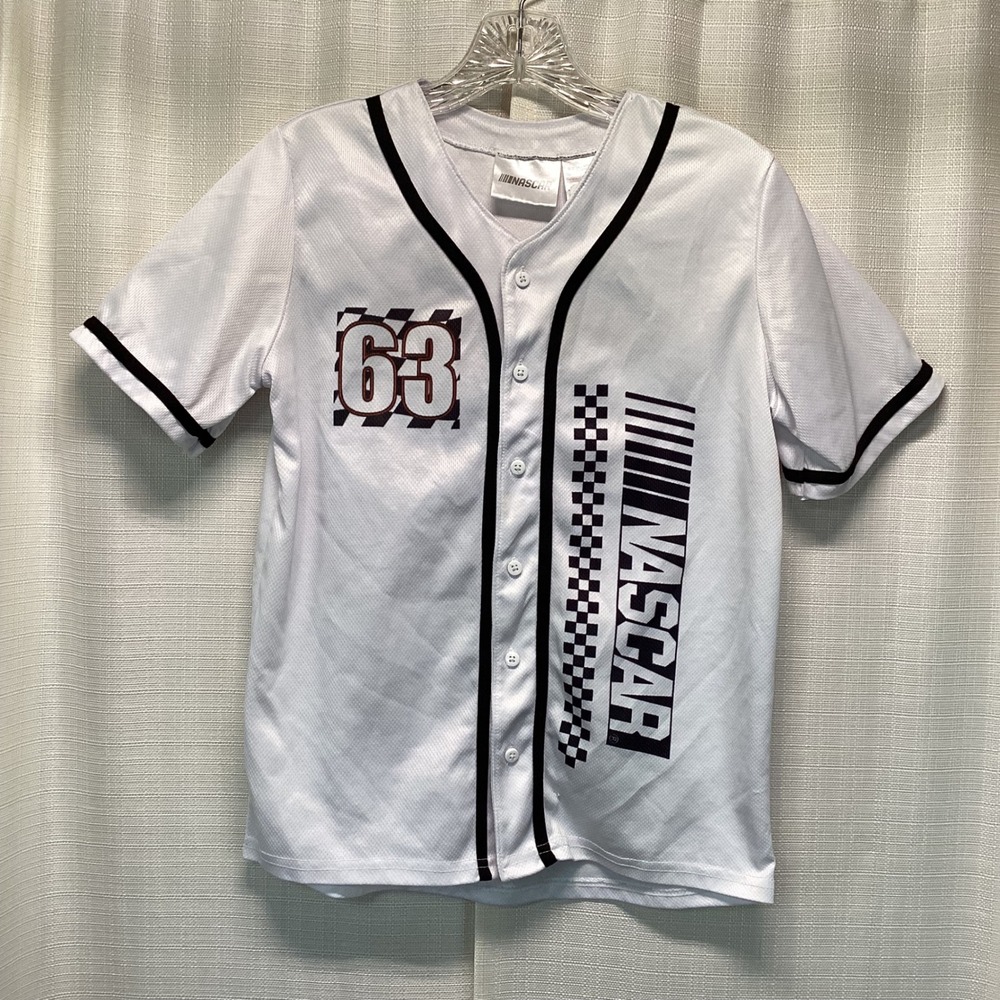 NASCAR Daytona 500 Kids Jersey White Black 1990 Graphic Button Up L(14/16) Vtg